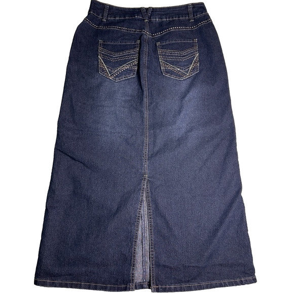 Christopher Banks Denim Maxi Skirt Womens 6 Dark Blue Modest Embroidered Pockets - Picture 1 of 6